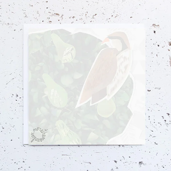 more the merrlier handmade collage art - first day of christmas - partridge in a pear tree greeting card (back)
