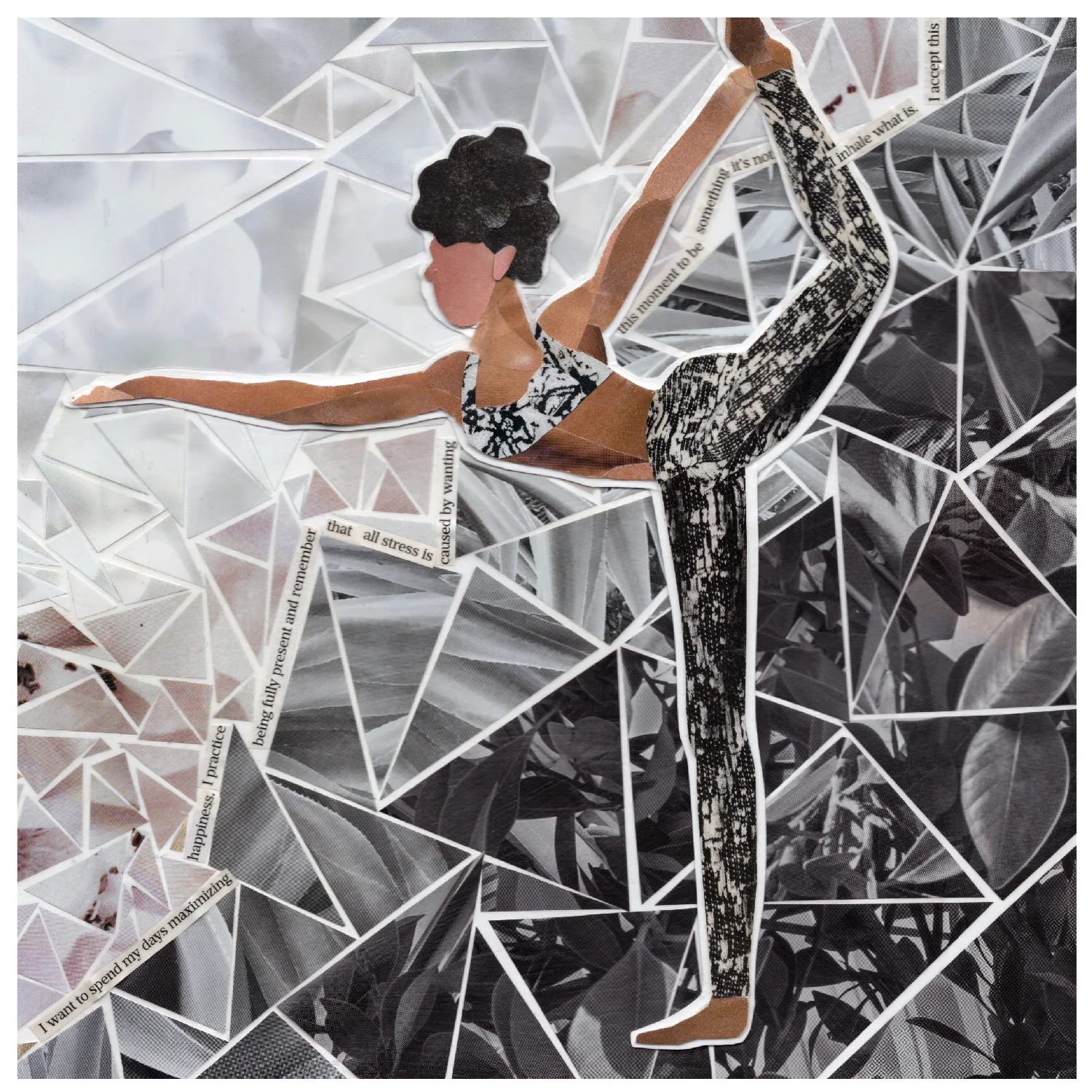 more the merrlier handmade collage art - dancer's pose yoga / yogi namaste greeting card