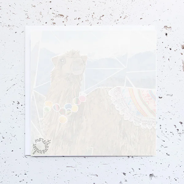 more the merrlier handmade collage art - peruvian alpaca greeting card (back)