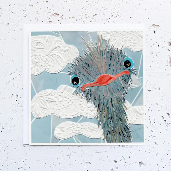 more the merrlier handmade collage art - peekaboo ostrich baby shower greeting card