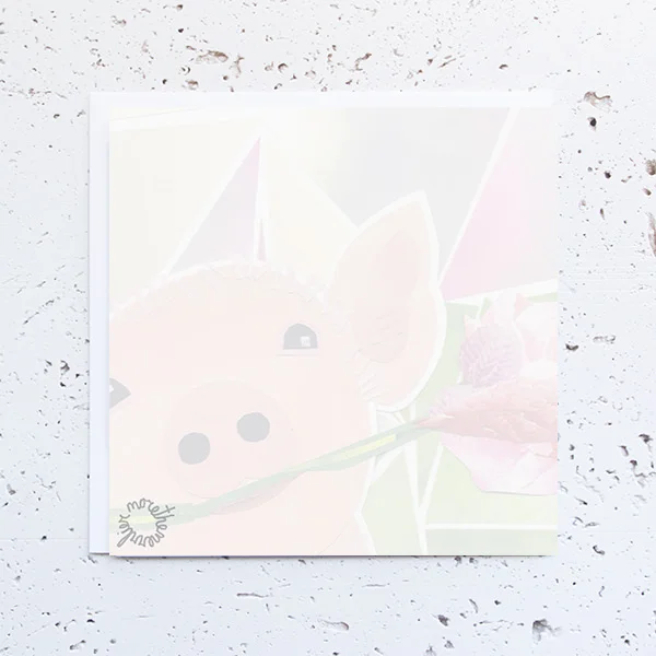 more the merrlier handmade collage art - pig with rose what a babe valentine's day greeting card (back)