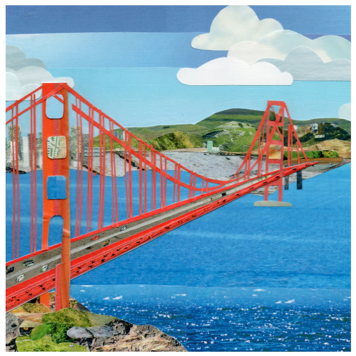 more the merrlier handmade collage art - san francisco golden gate bridge greeting card