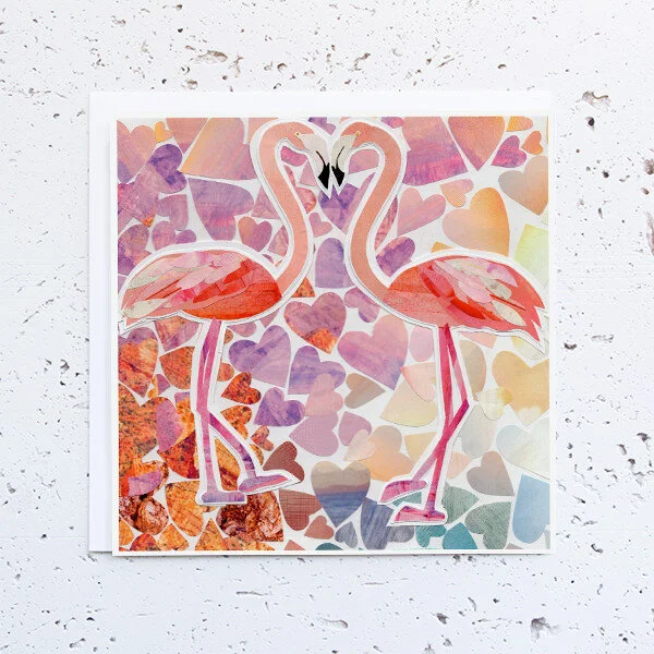 more the merrlier - flamingo - handmade collage art & greeting cards