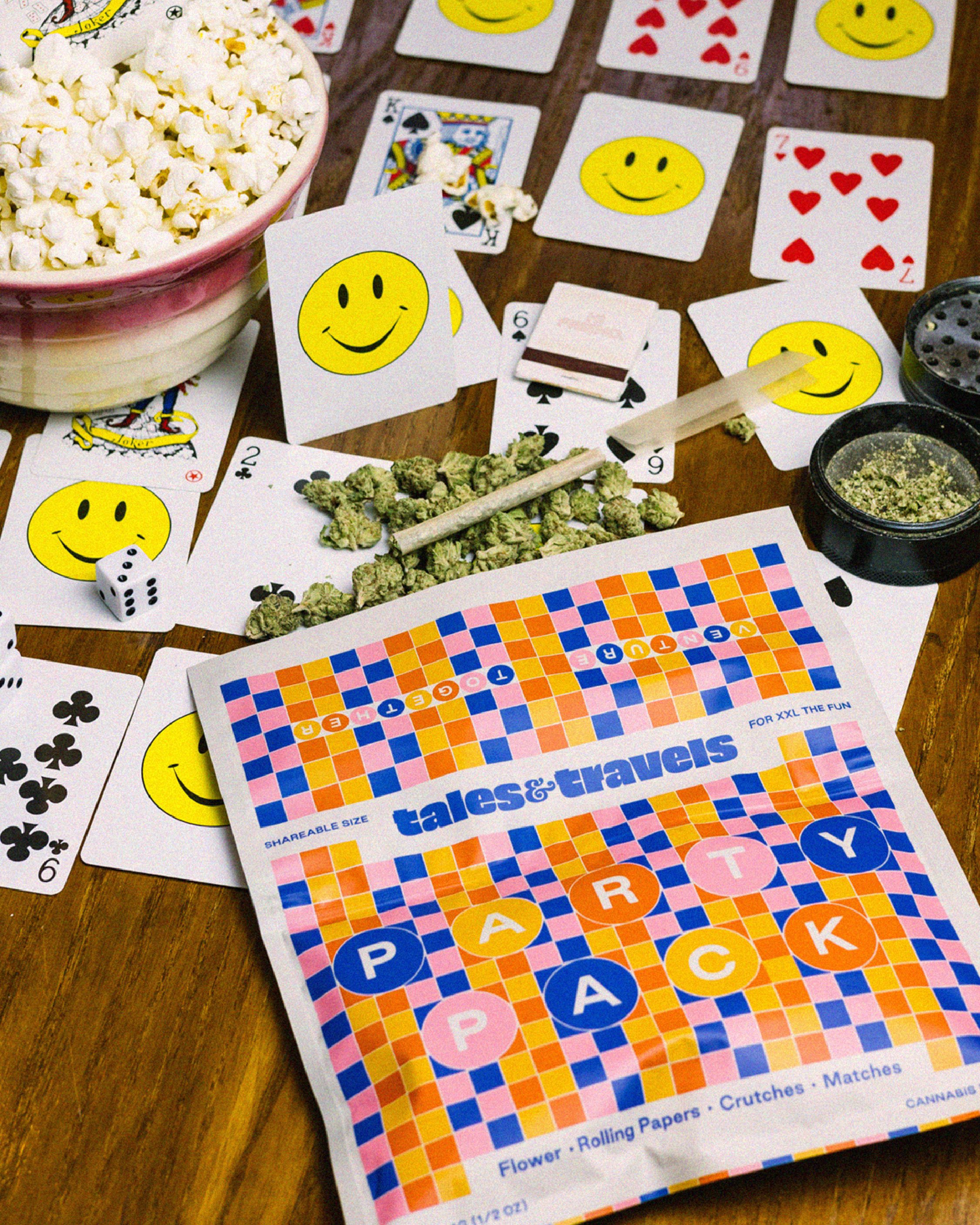 Packaging copy (back): A party is just a good time but bigger, kind of like this pouch. Now in a shareable size for XXL the fun. Each Party Pack includes T&T flower, rolling papers, crutches and matches. BYO adventure.