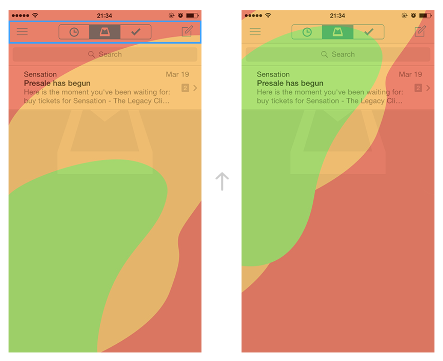2.3. Mailbox . All navigation controls are hardly reachable on iPhone6. Thumb Zone map . Right hand.