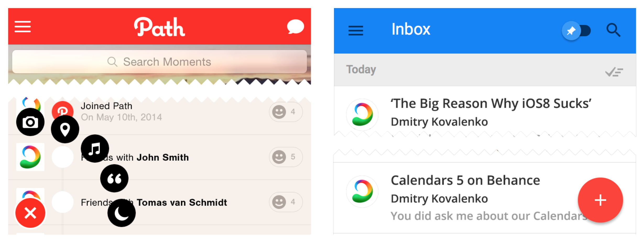4.2. Matbutt. Old version of Path on the left and Inbox by Gmail on the right.