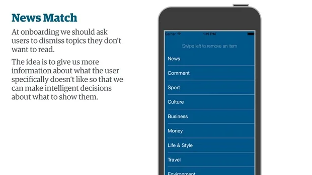 A concept where the Guardian app could let the user pick what subjects they wanted on their homepage and navigation.