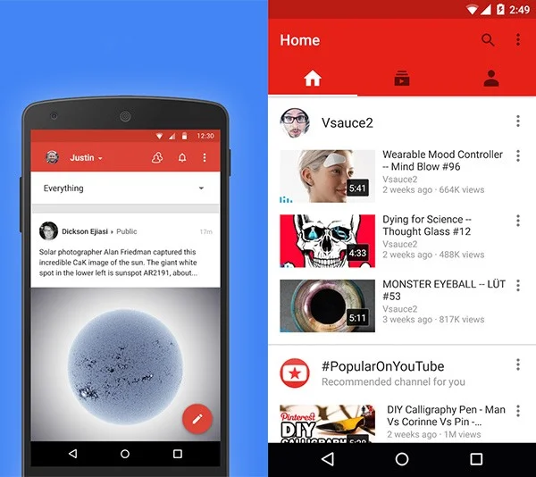 Google+ and YouTube apps (Android) spotting a dropdown menu and tabs respectively.