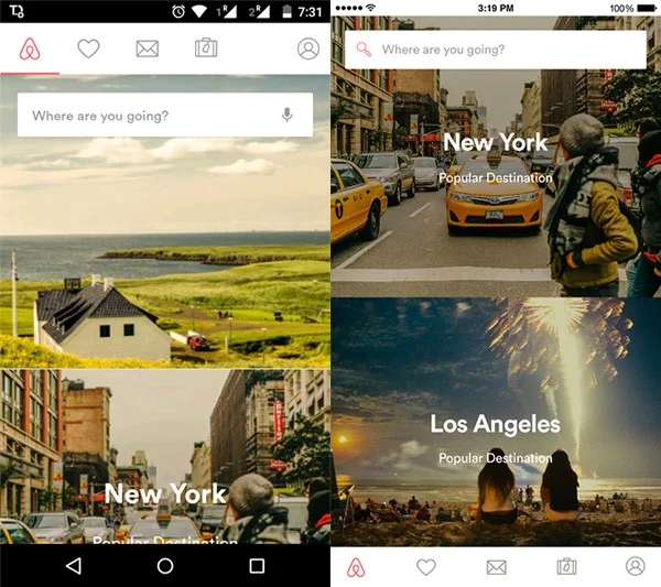 Airbnb Android and iPhone apps with tabs.