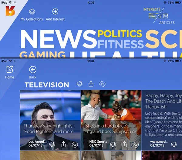 Reverb News iPad app uses the ‘Home’ icon on the left corner. Right next to it is a ‘Back’ icon.