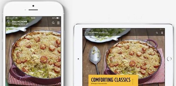 Jamie Oliver’s Recipes iOS app with a Hamburger Menu icon on the right corner.