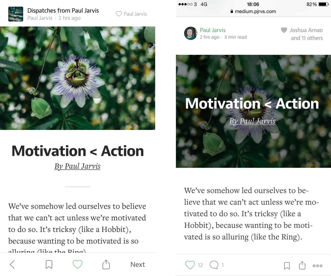 Medium article on mobile app on the left and mobile web on the right