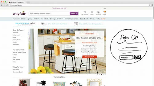 A sign-up overlay dialog repositioned as inline page content placed above the fold