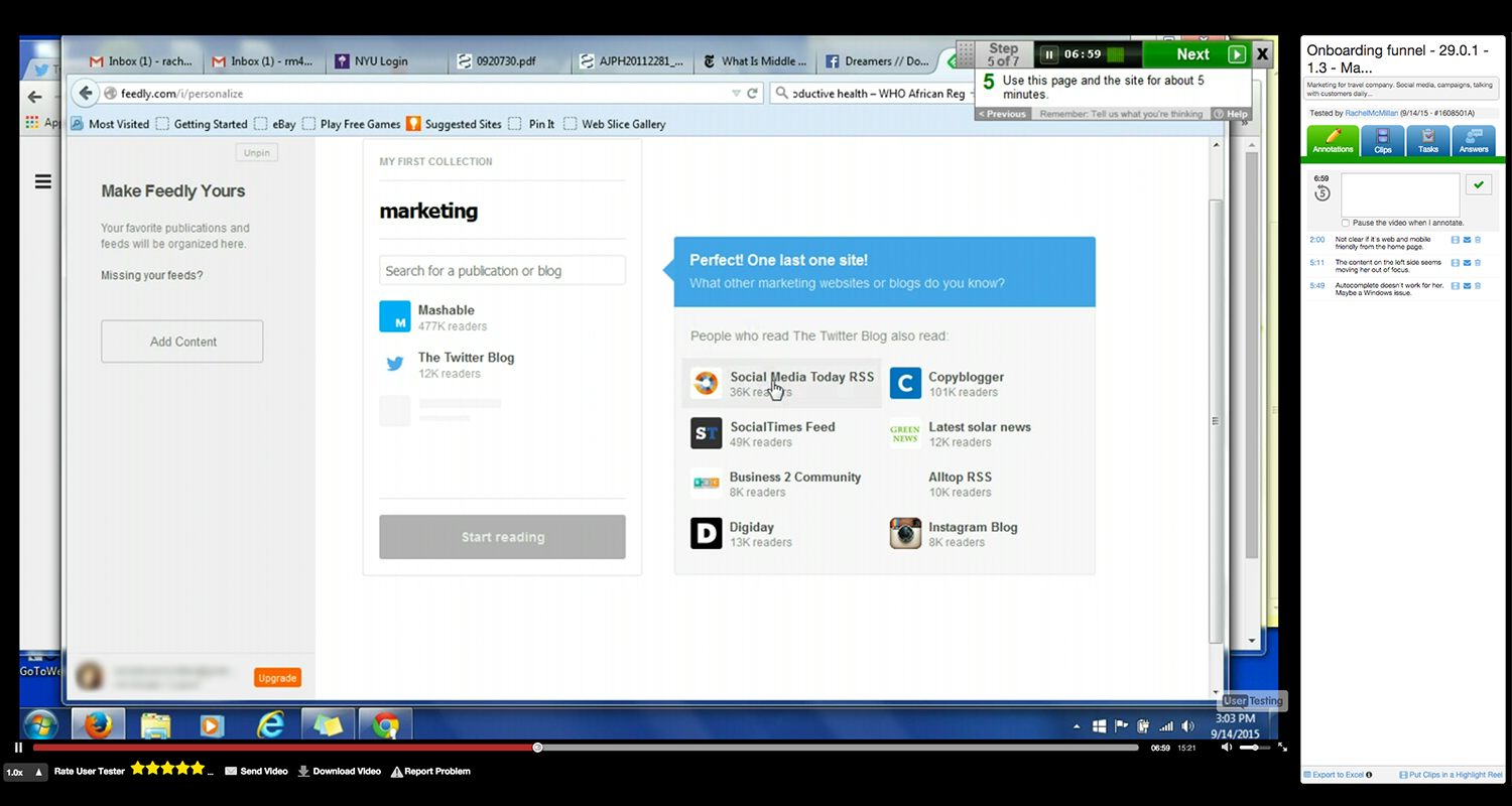Feedly’s onboarding being test on UserTesting