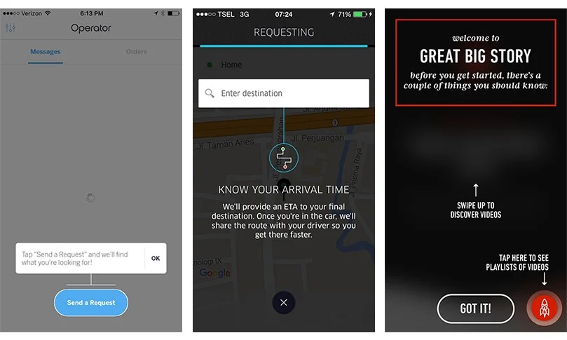 Coachmark screen — Operator, Uber and Great Big Story