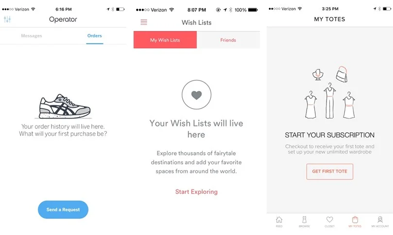 Empty state screens — Operator, Airbnb and Le Tote