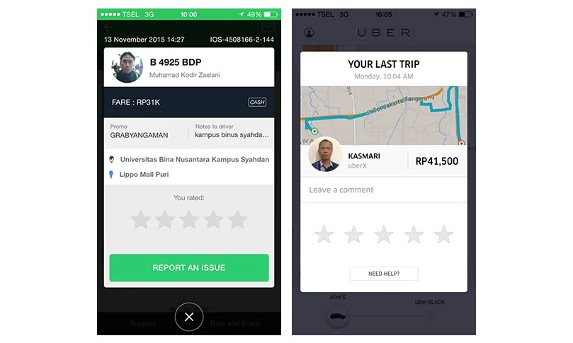 Micro feedback screens — Grabtaxi and Uber