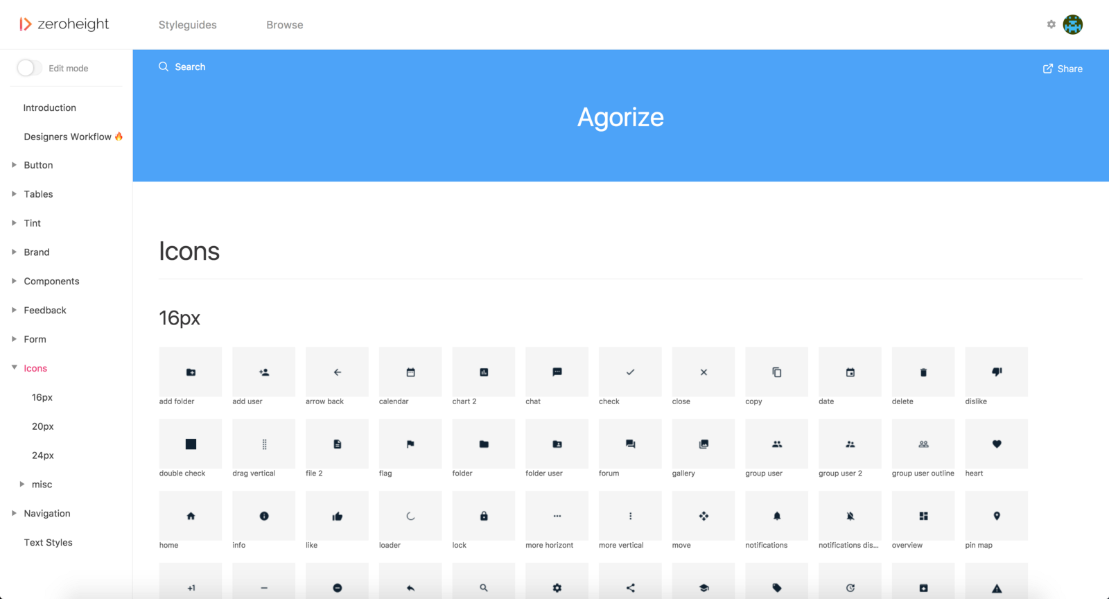 Icons in our auto-generated styleguide on Zeroheight.com