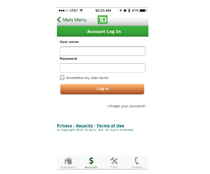 Sign-in form from the TD Bank app for iOS. It feels like the product team designed a mobile website, not a mobile app — links are underlined, and there’s even a copyright notice below them.
