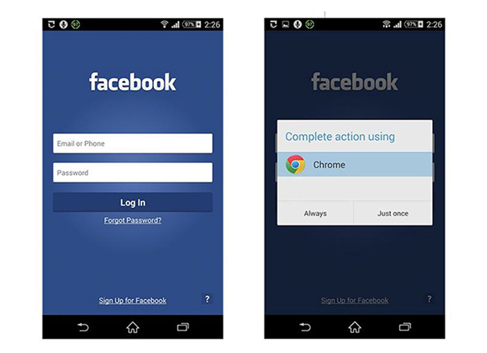 Negative example. When a user taps on the “Forgot Password?” button in the Facebook app for Android, the app tries to invoke the smartphone's browser.