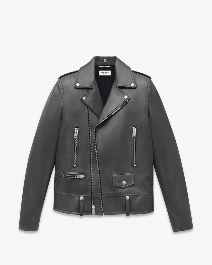 Saint Laurent Classic Motorcycle Jacket in Grey Lambskin. Photo by Saint Laurent