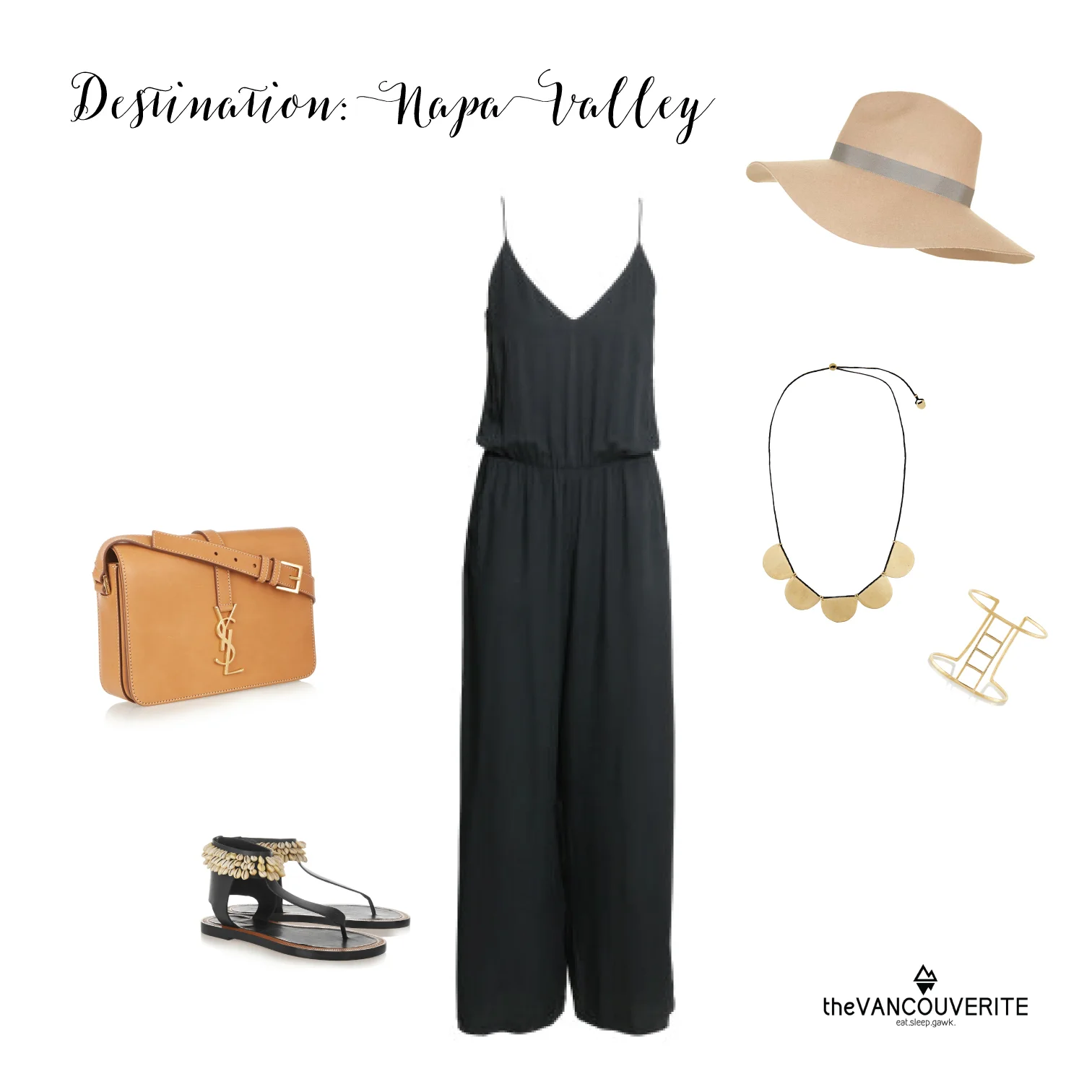 Jump Suit: H&M, Sandals: Isabel Marant, Bag: Saint Laurent, Hat: Topshop, Necklace & Cuff: Scosha.