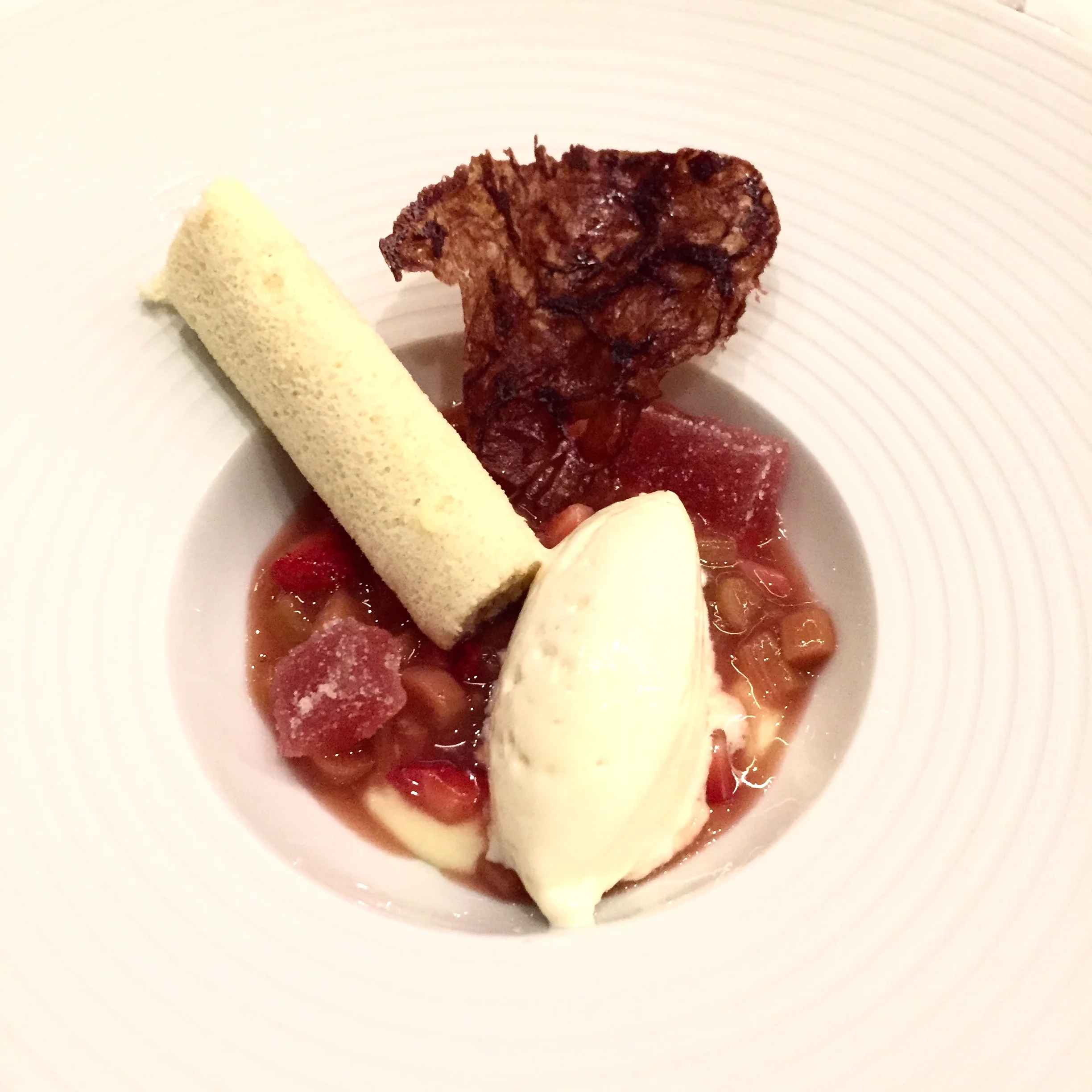 Rhubarb and Strawberry dessert with white chocolate sponge cake and tonka bean ice cream. Photo: The Vancouverite