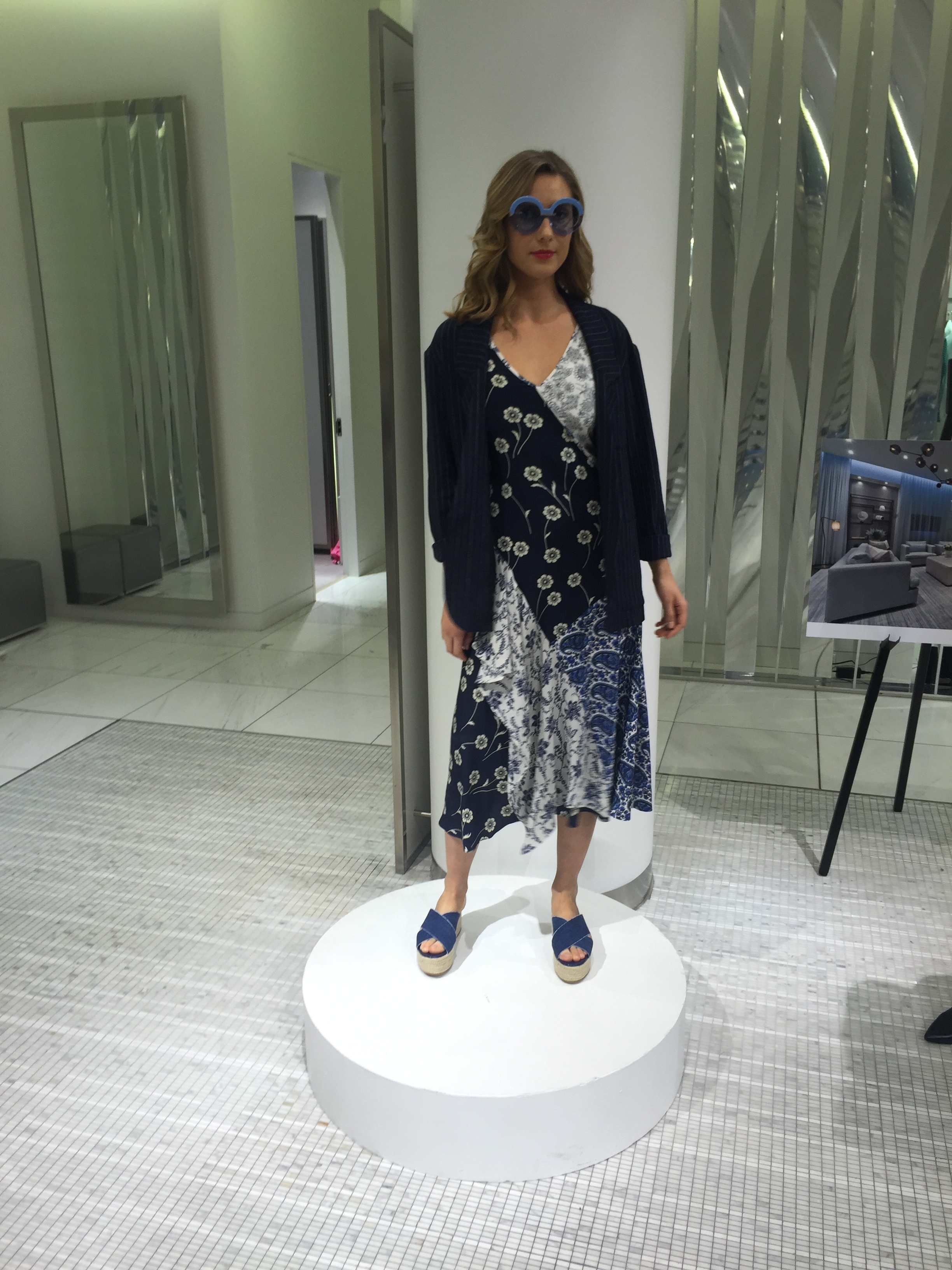 dress, DEREK LAM. jacket, SMYTHE. shoes, PRADA. sunnies, KAREN WALKER