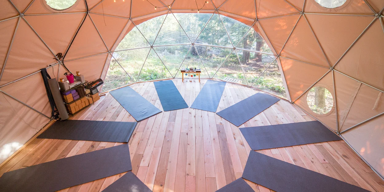 Practising yoga inside Clark's geodesic dome with the scent of cedar-lined floors was an amazing experience. Photo courtesy of Nectar Yoga