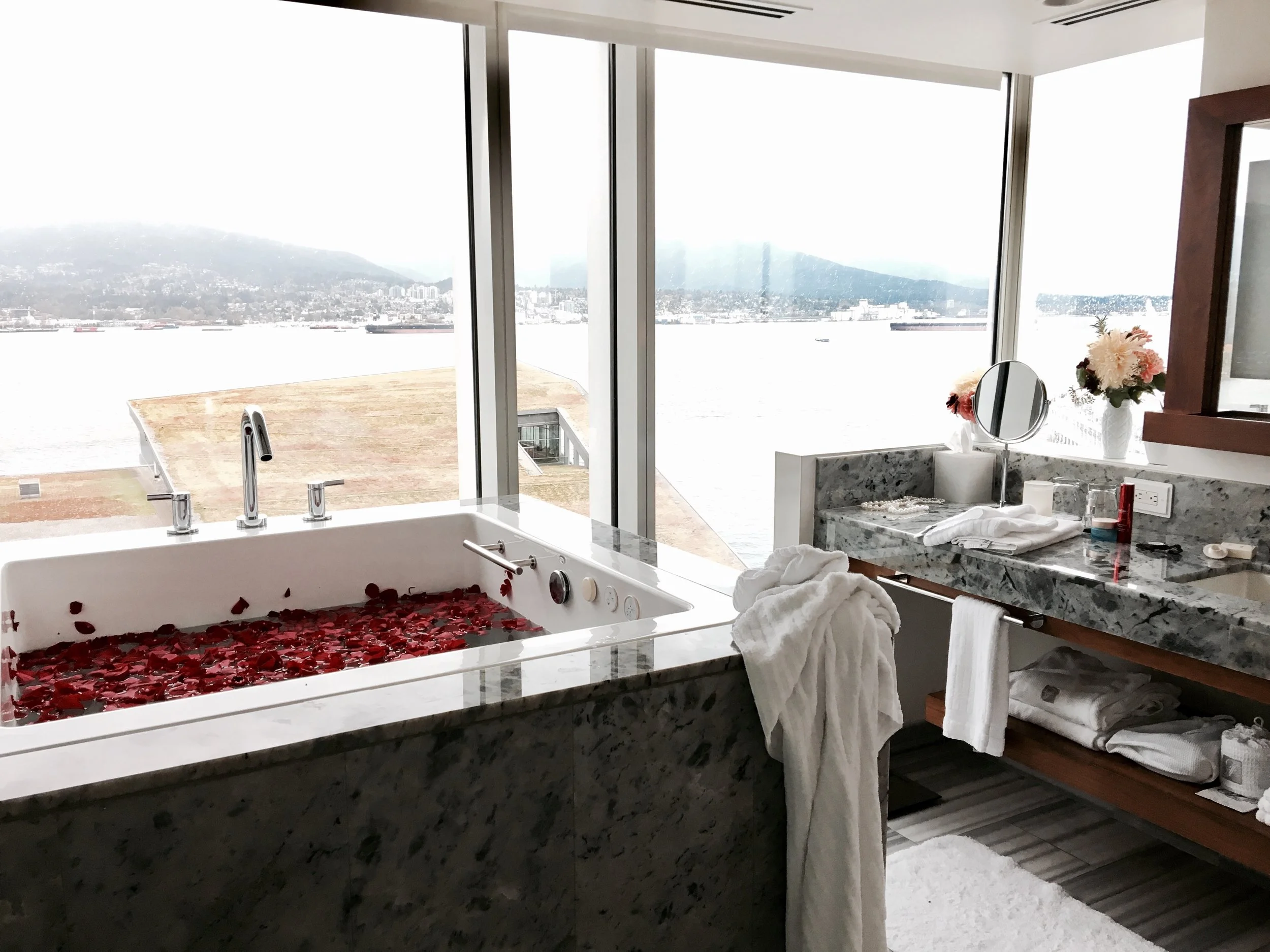 The bathroom of the Signature Room, at the Fairmont Pacific Rim hotel, where the photo shoot took place earlier and where my boyfriend and I decided to take a staycation.