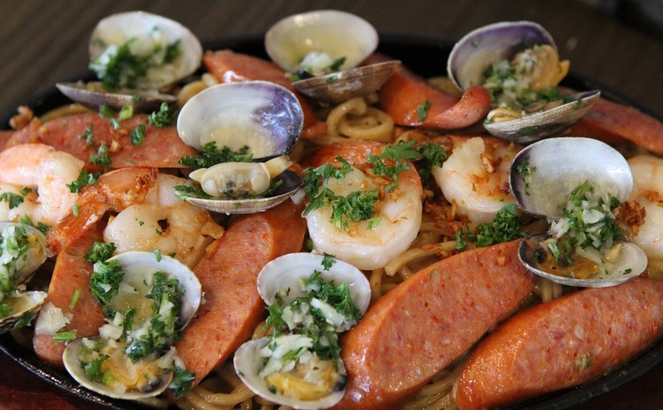 Garlic Noodles with Andouille Sausages and Clams