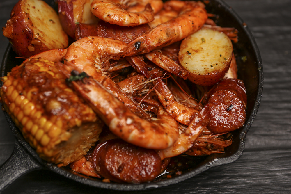 Cajun Shrimp with Corn, Potatoes and Andouille Sausages