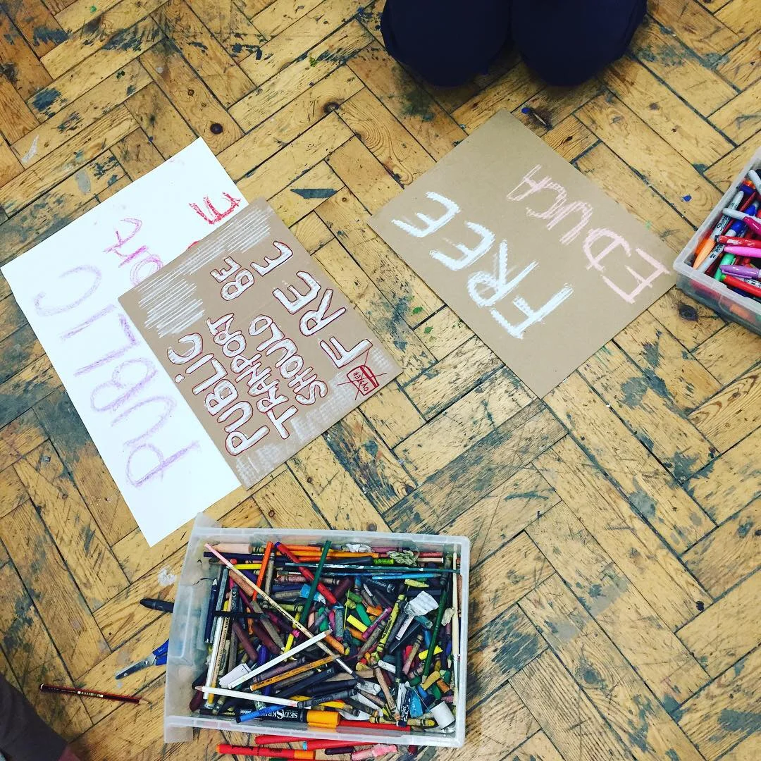  Protest! 2018  Camden Arts Centre  Youth Collective members research trending tweets based on protest around the world and create placards based on their individual growing concerns. Later the placards are removed and YC members create performative 