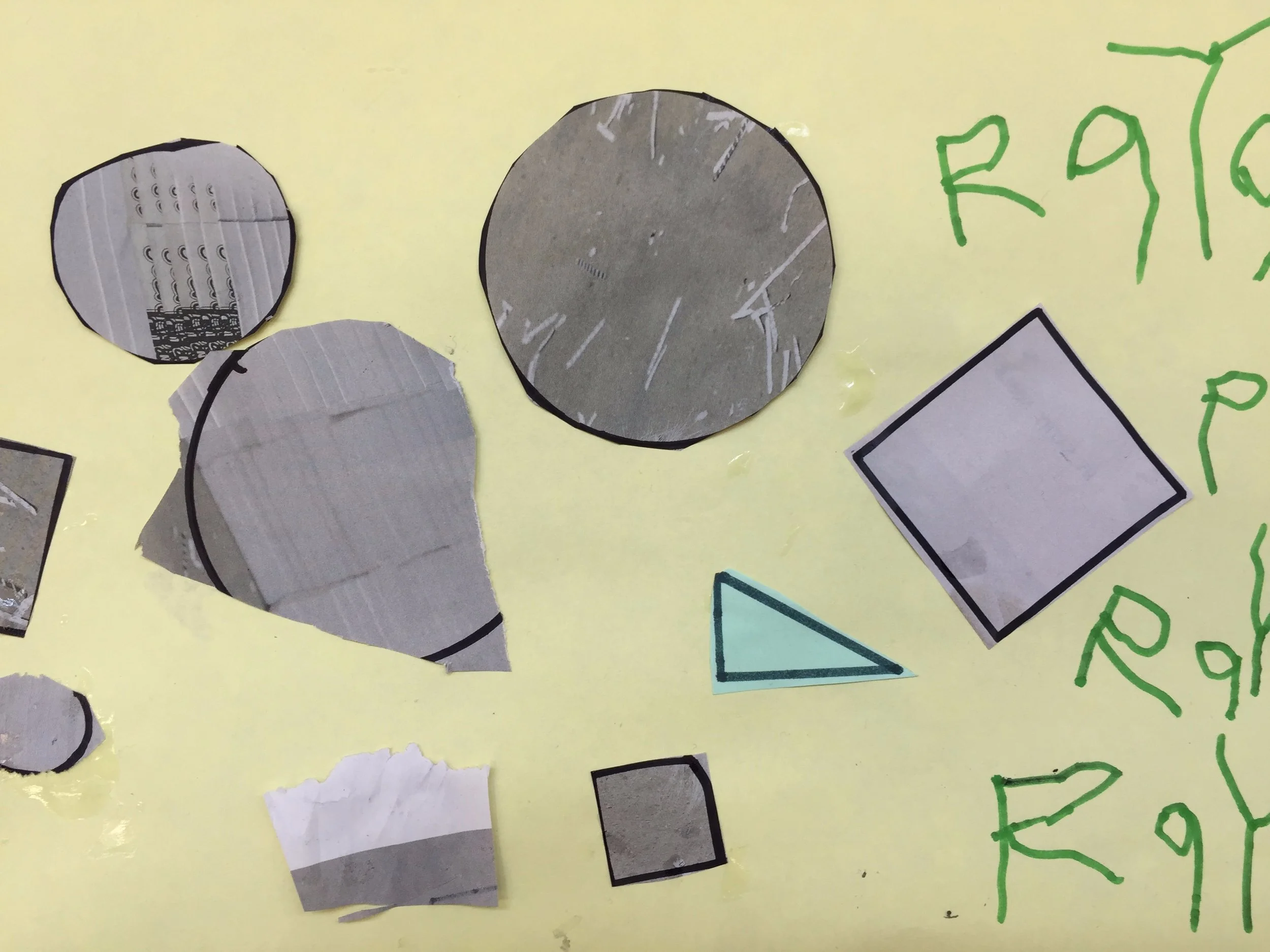  Collage, 2019  What shapes did we spot on our way to nursery? Using different shape templates the mini artists made collages out of different coloured paper. After we repeated the process replacing the paper with different art journals.  2-4 year ol