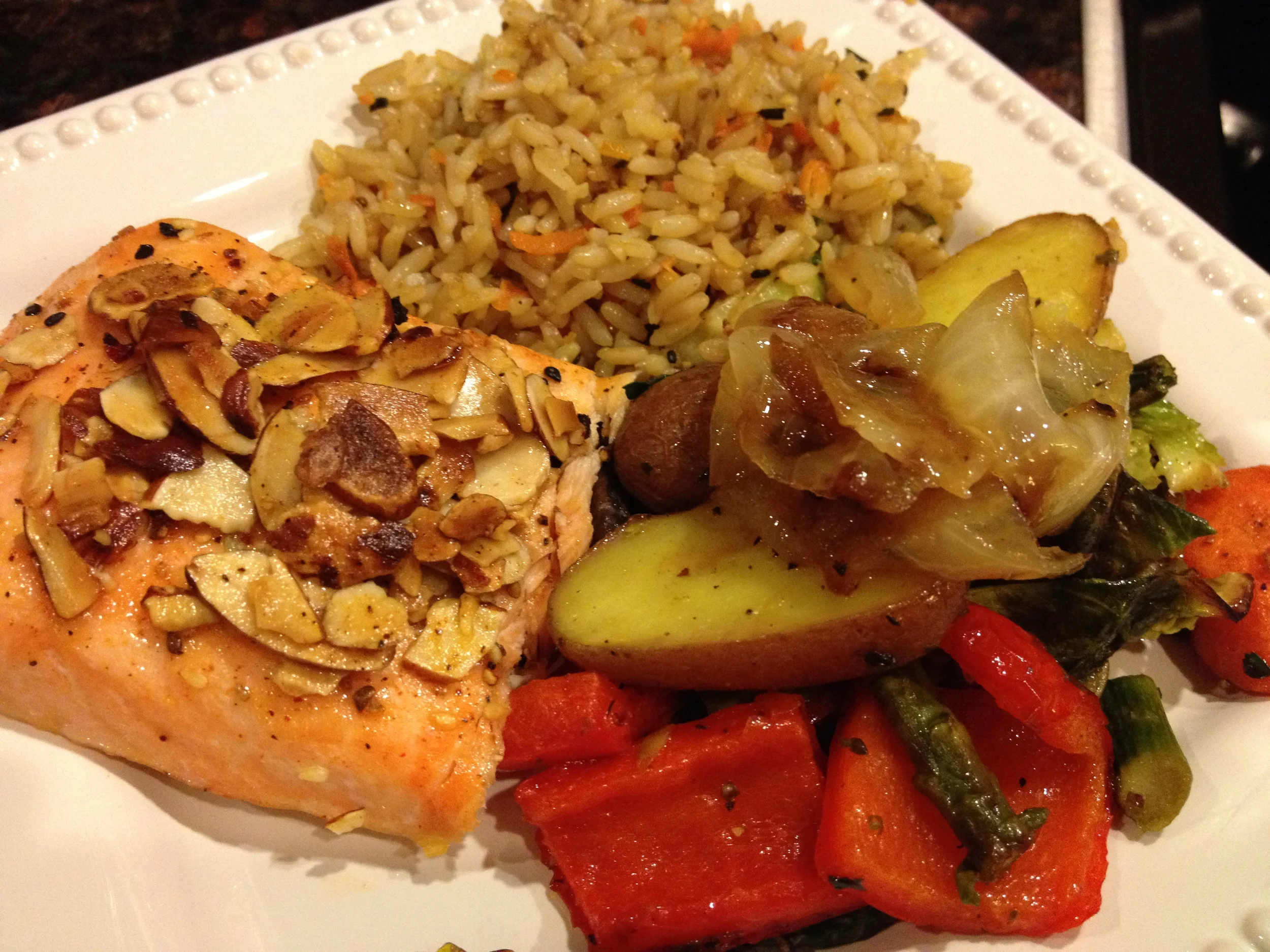Grilled Salmon Topped w/Toasted Almonds and Fresh Grilled Veggies