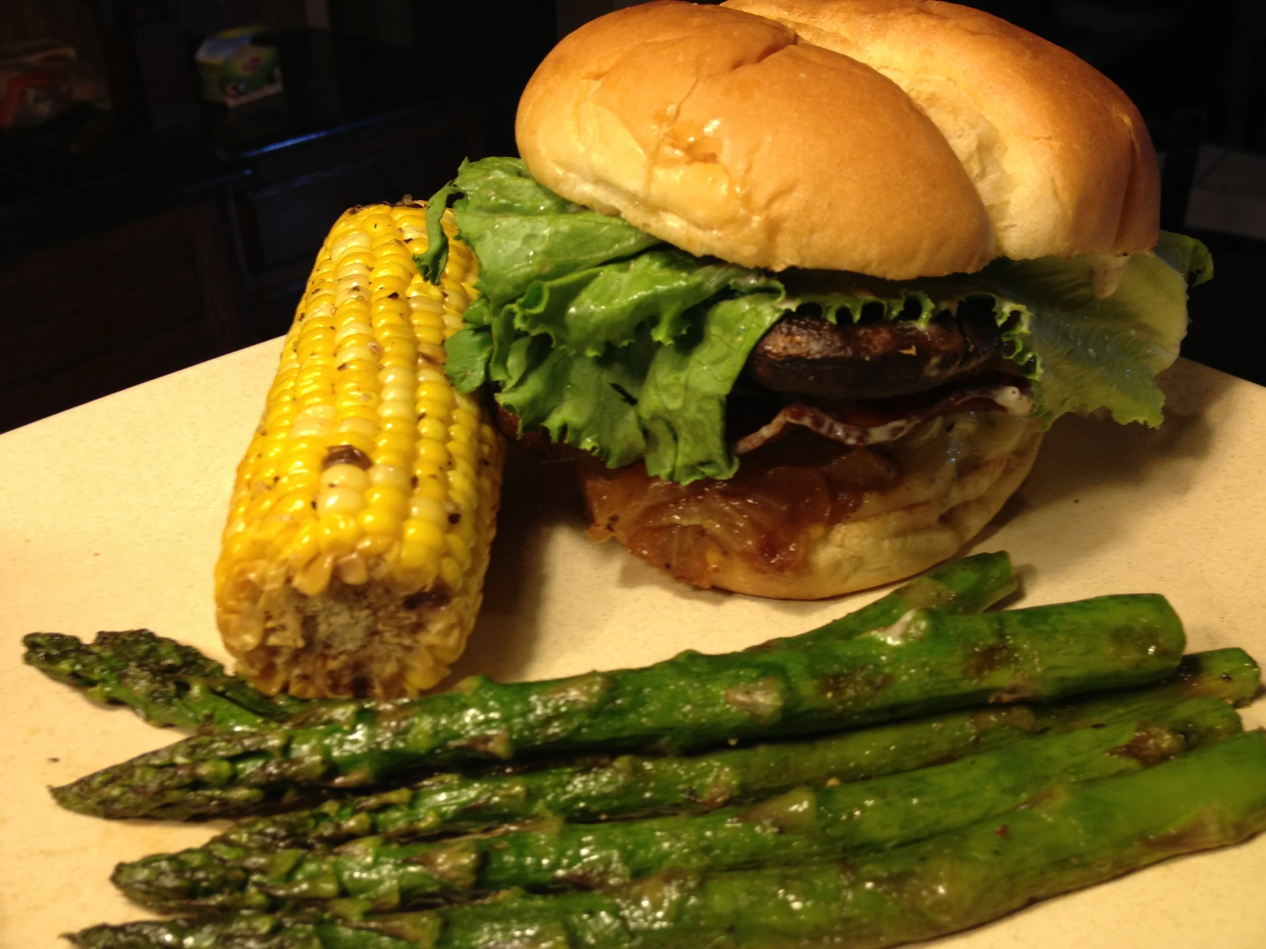 Grilled Burger with Caramelized Onions and Fresh Grilled Veggies