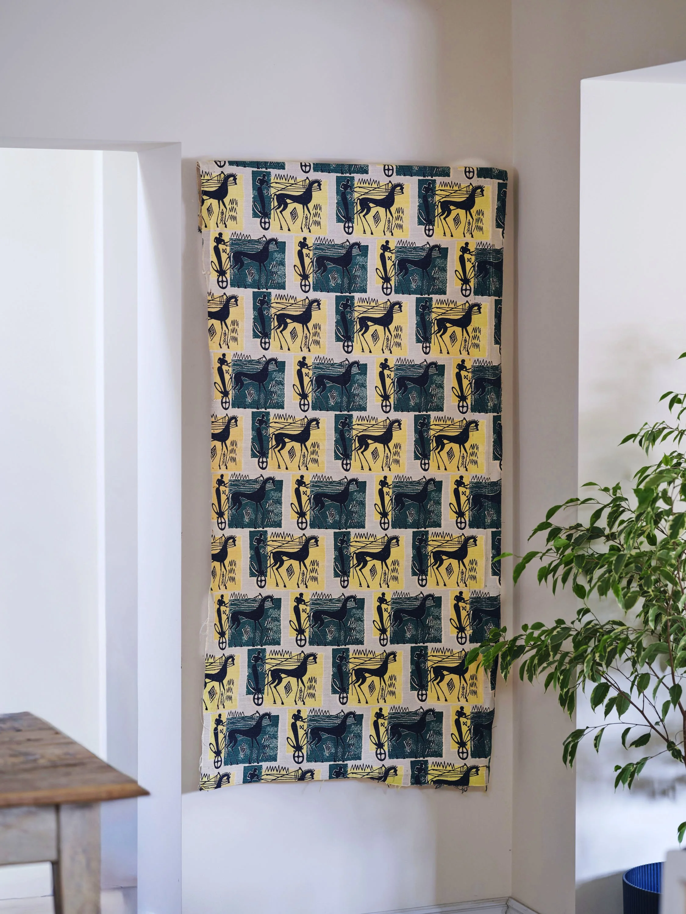 Mid Century "Etruscan Horse & Chariot" Linen Fabric Panel
