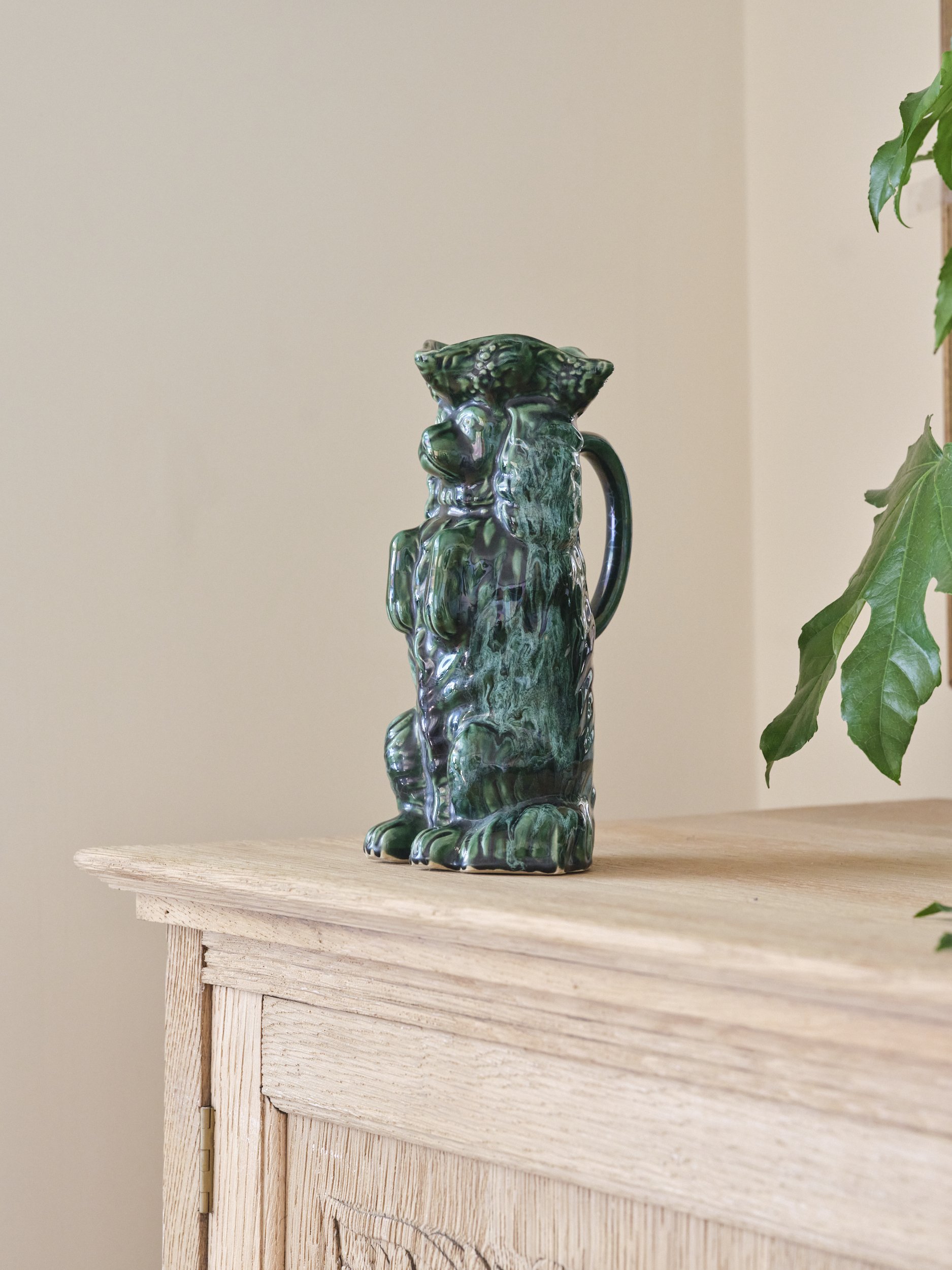 Rich Green Majolica Style Begging Spaniel Jug