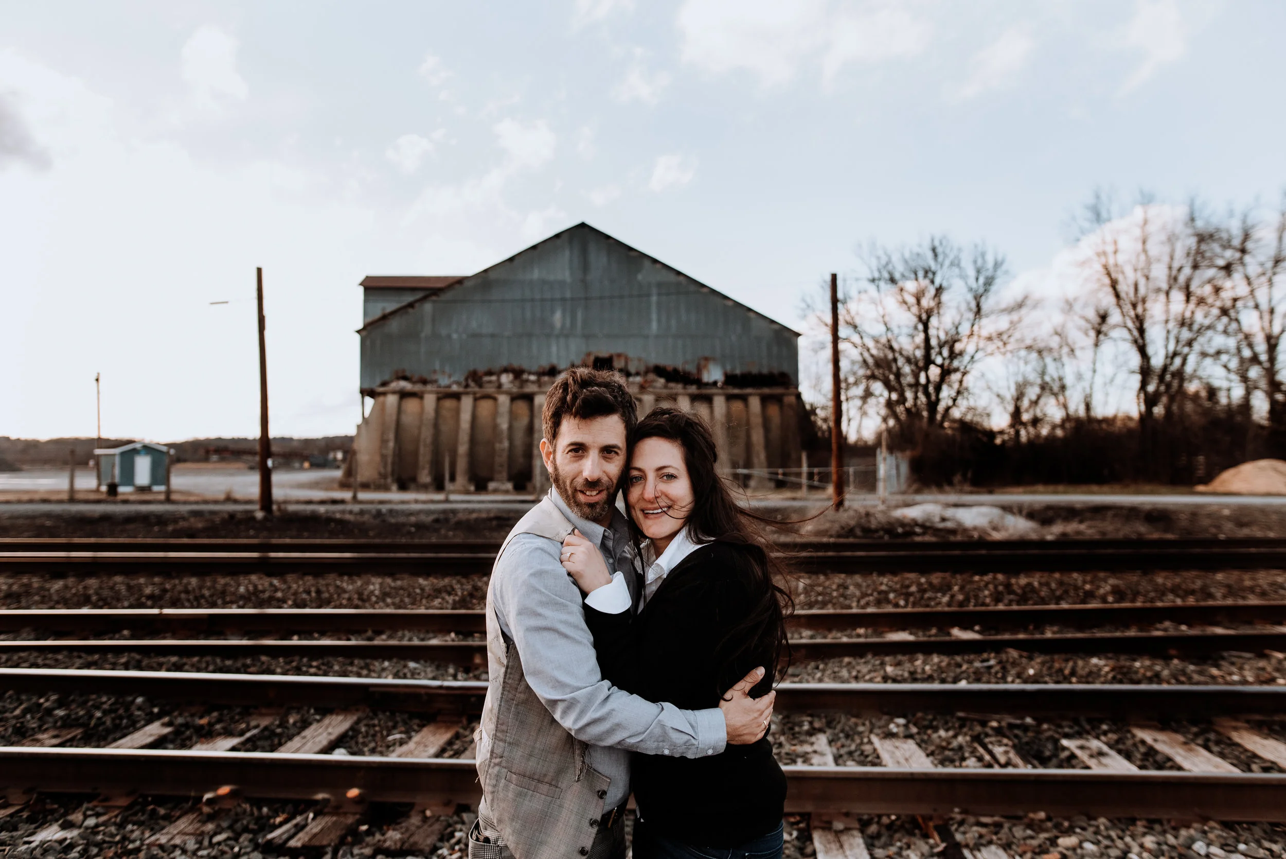 Industrial Engagement Session in Hudson NY outside The Basilica