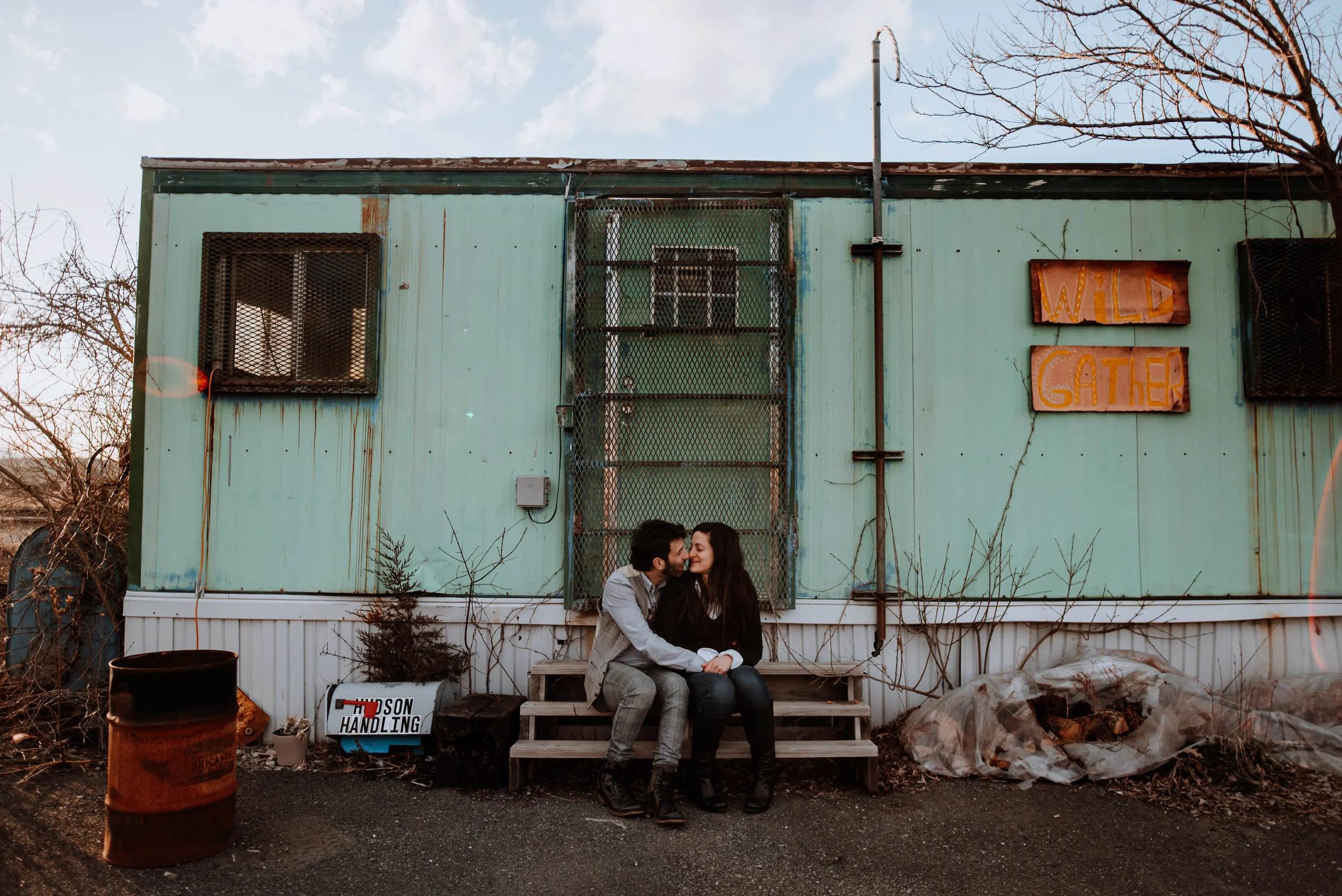 Industrial Engagement Session in Hudson NY outside The Basilica