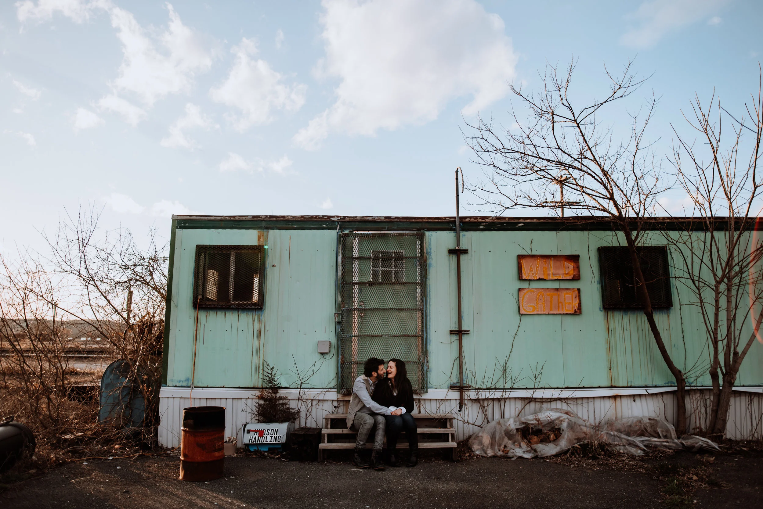Industrial Engagement Session in Hudson NY outside The Basilica