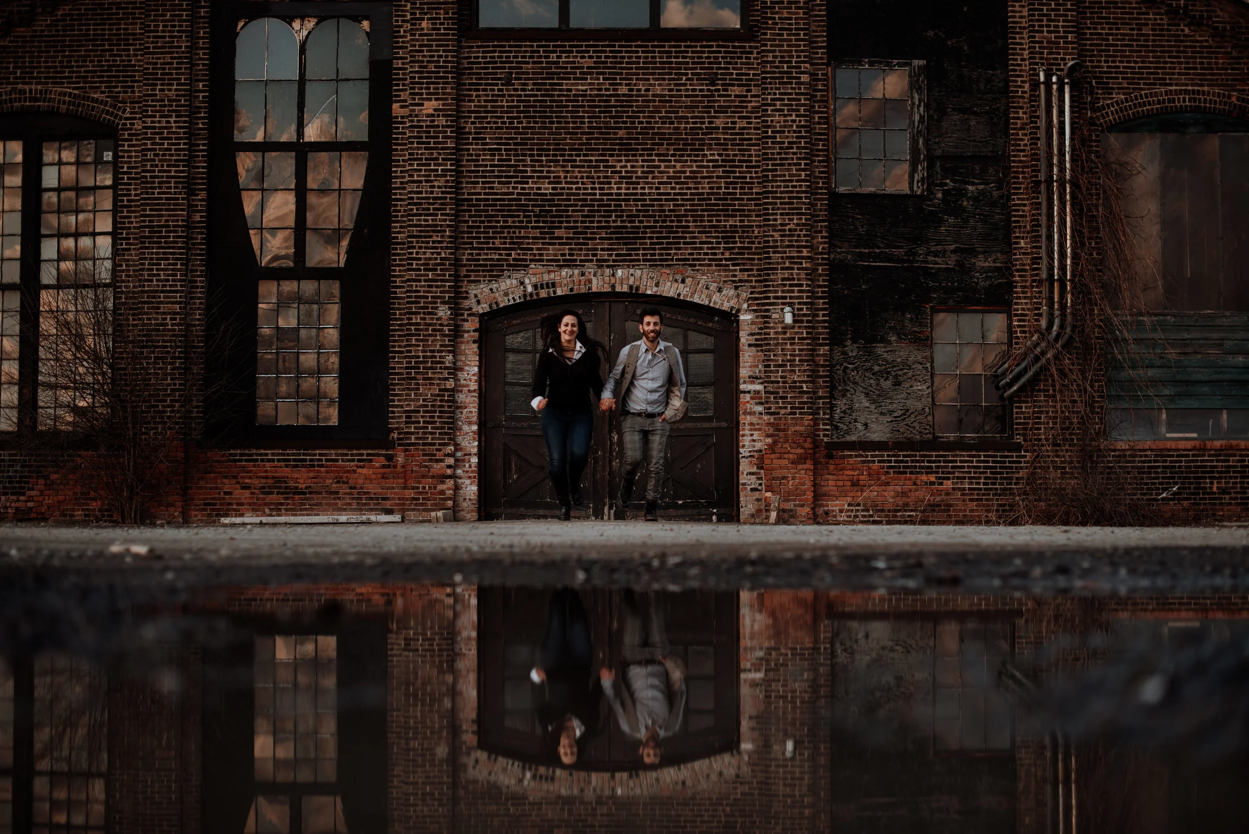 Industrial Engagement Session in Hudson NY outside The Basilica