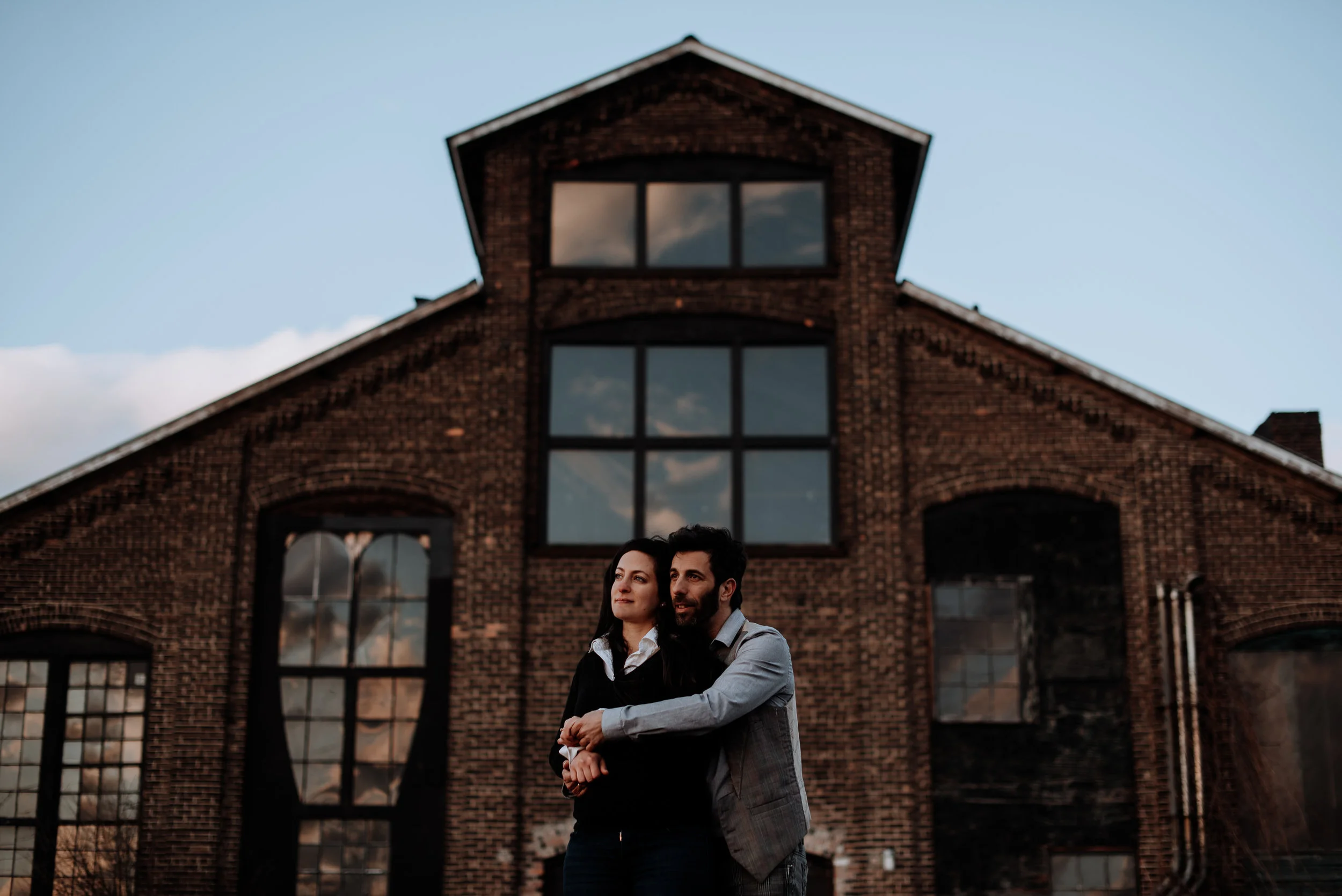 Industrial Engagement Session in Hudson NY outside The Basilica