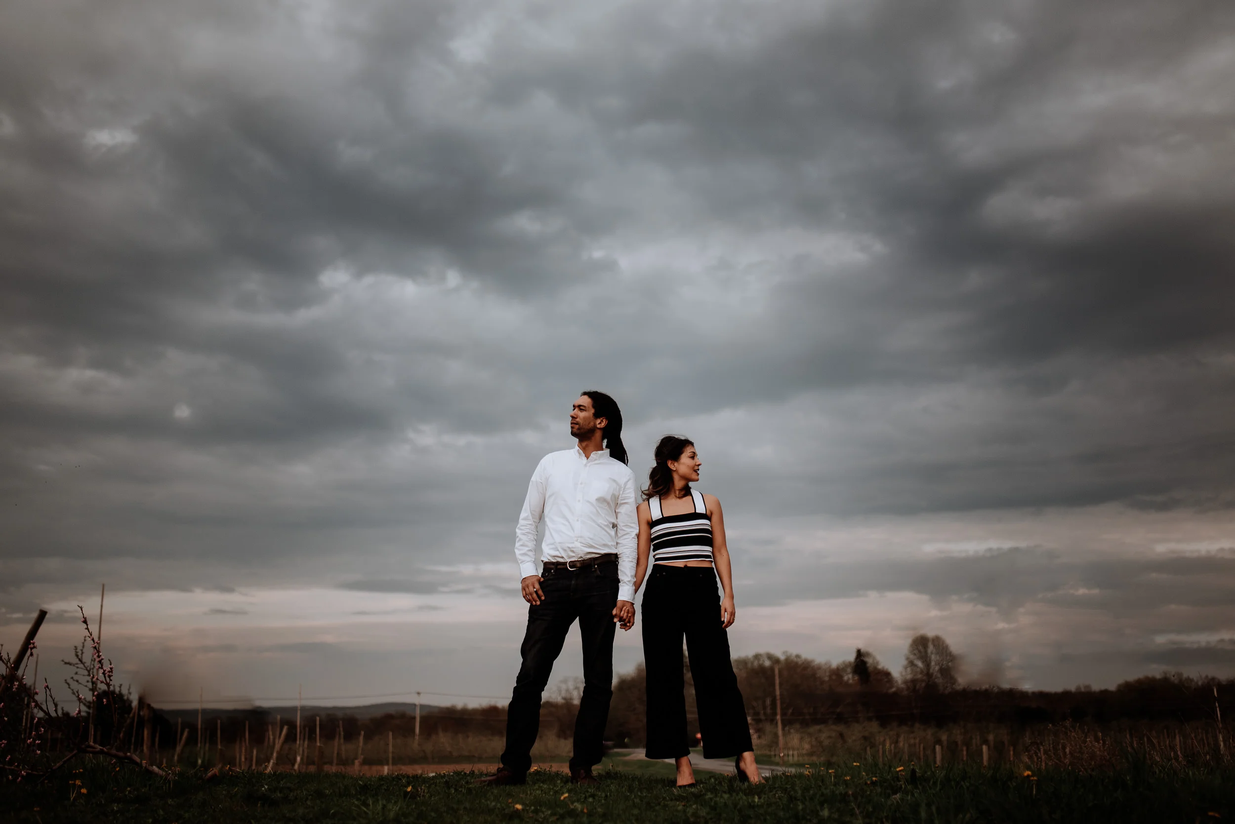 Hudson Valley Engagement session with apple blossoms, mountain v