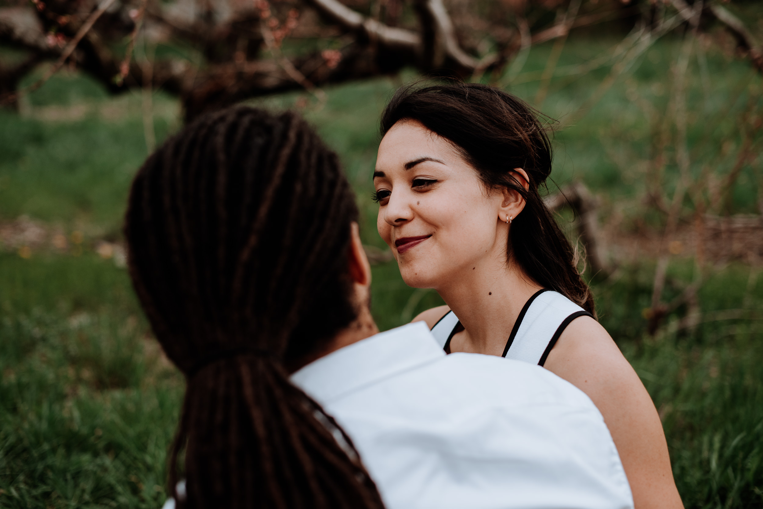 Hudson Valley Engagement session with apple blossoms, mountain v