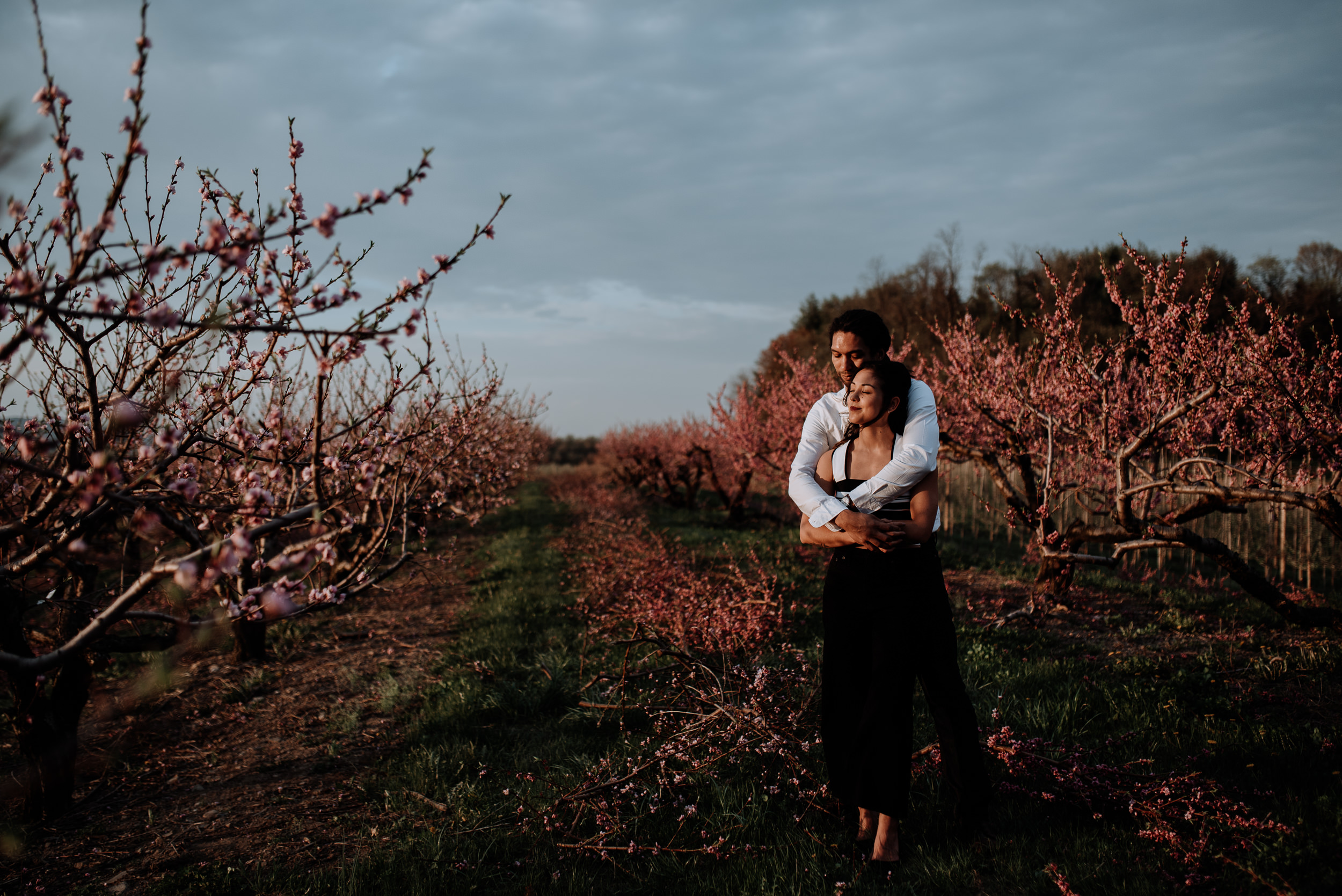 Hudson Valley Engagement session with apple blossoms, mountain v