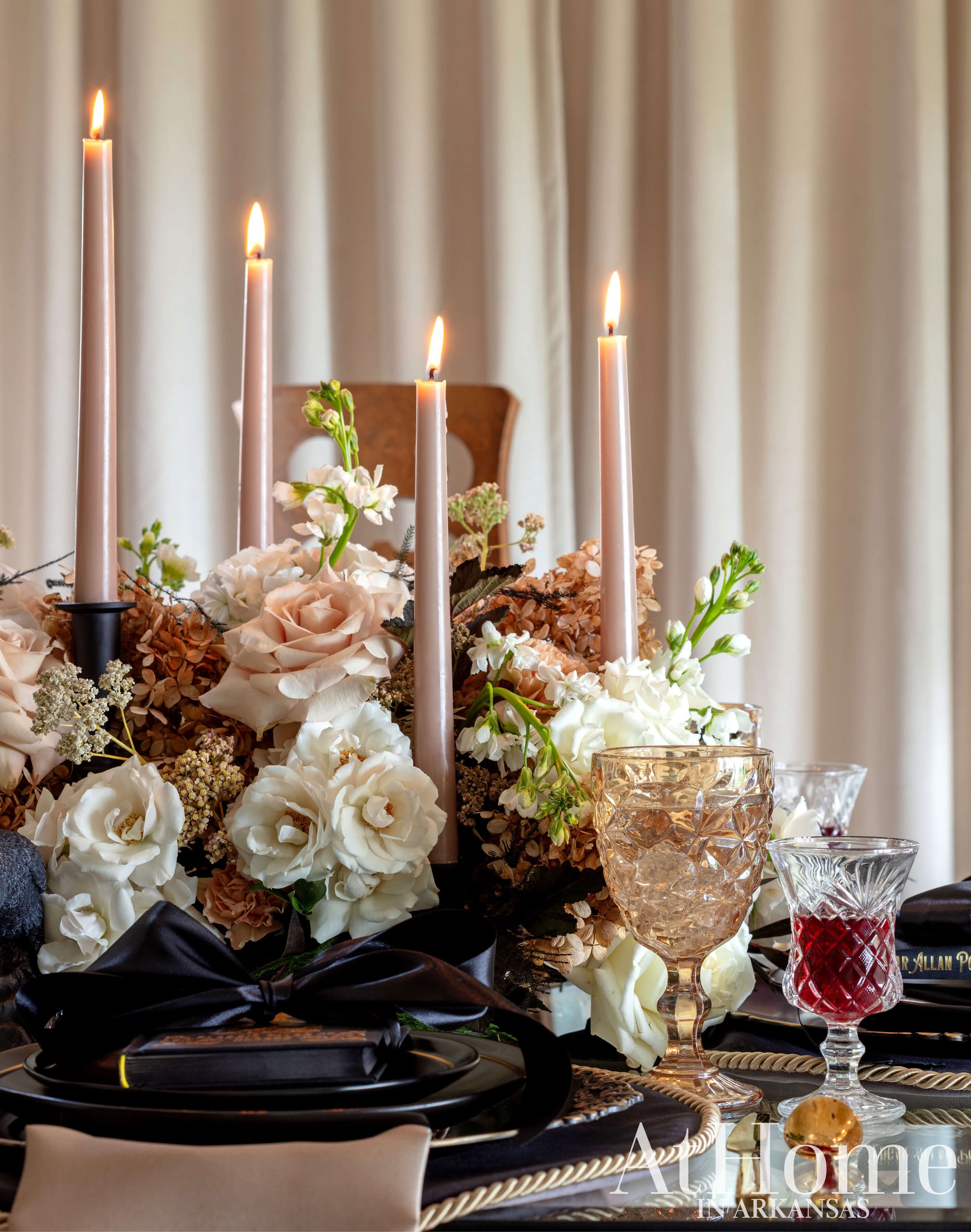Centerpiece featuring plumosa, dried hydrangeas and yarrow with ivory, champagne, and peach roses designed by Rose of Sharon Floral Designs. Photo by Rett Peak.