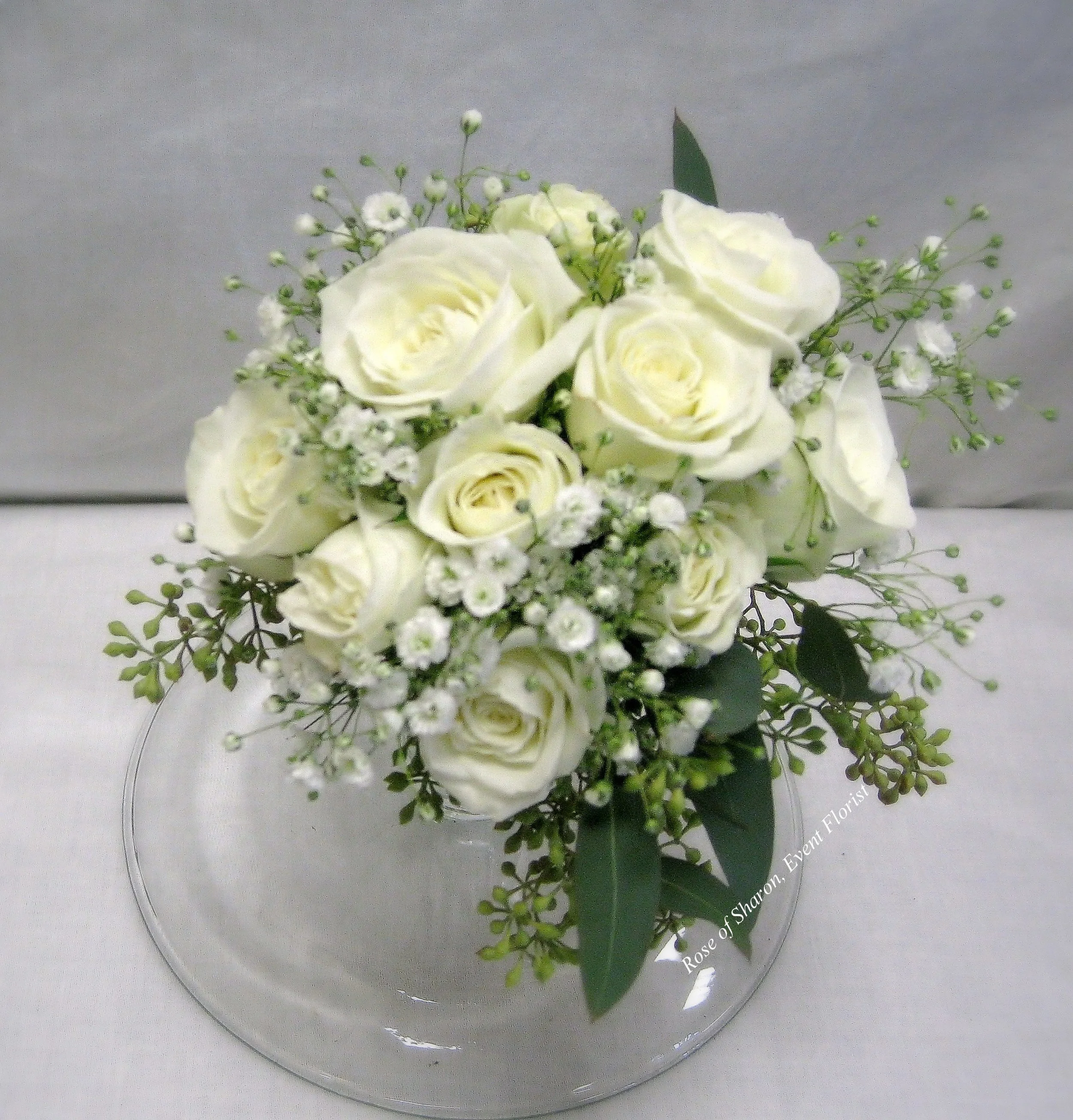Hand-Tied White Rose and Baby's Breath Bouquet. Rose of Sharon Floral Designs