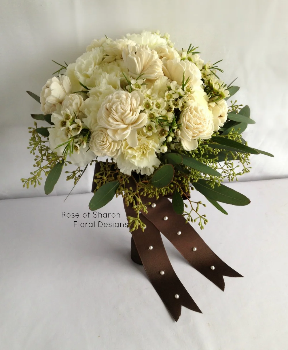 Hand-Tied Bouquet. Carnations, Wax Flower and Wood Roses. Rose of Sharon Floral Designs