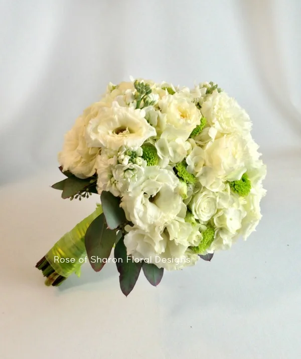 Hand-Tied Bouquet. White Roses, Mums, Lisianthus & Stock. Rose of Sharon Floral Designs